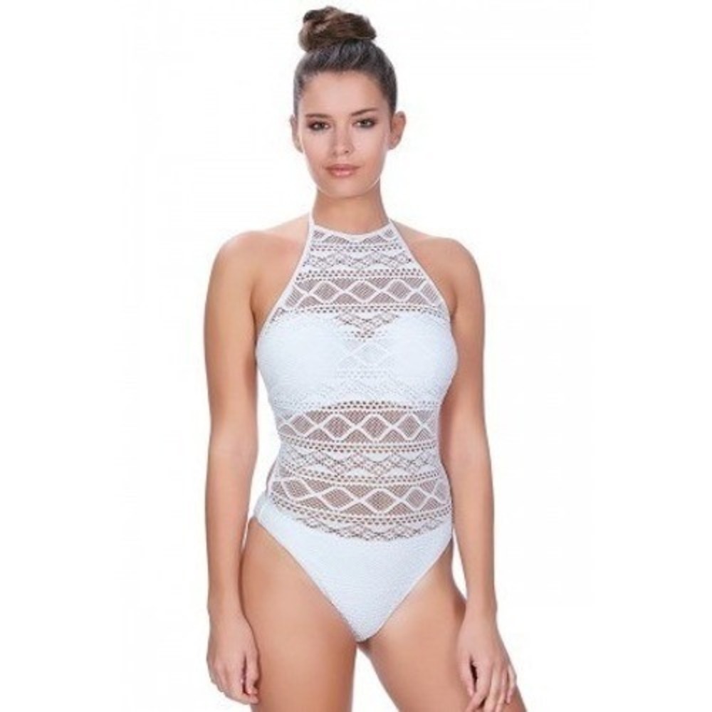 Freya Swimsuit Womens US 30G White Sundance Halter High Neck Crochet Lace Beach